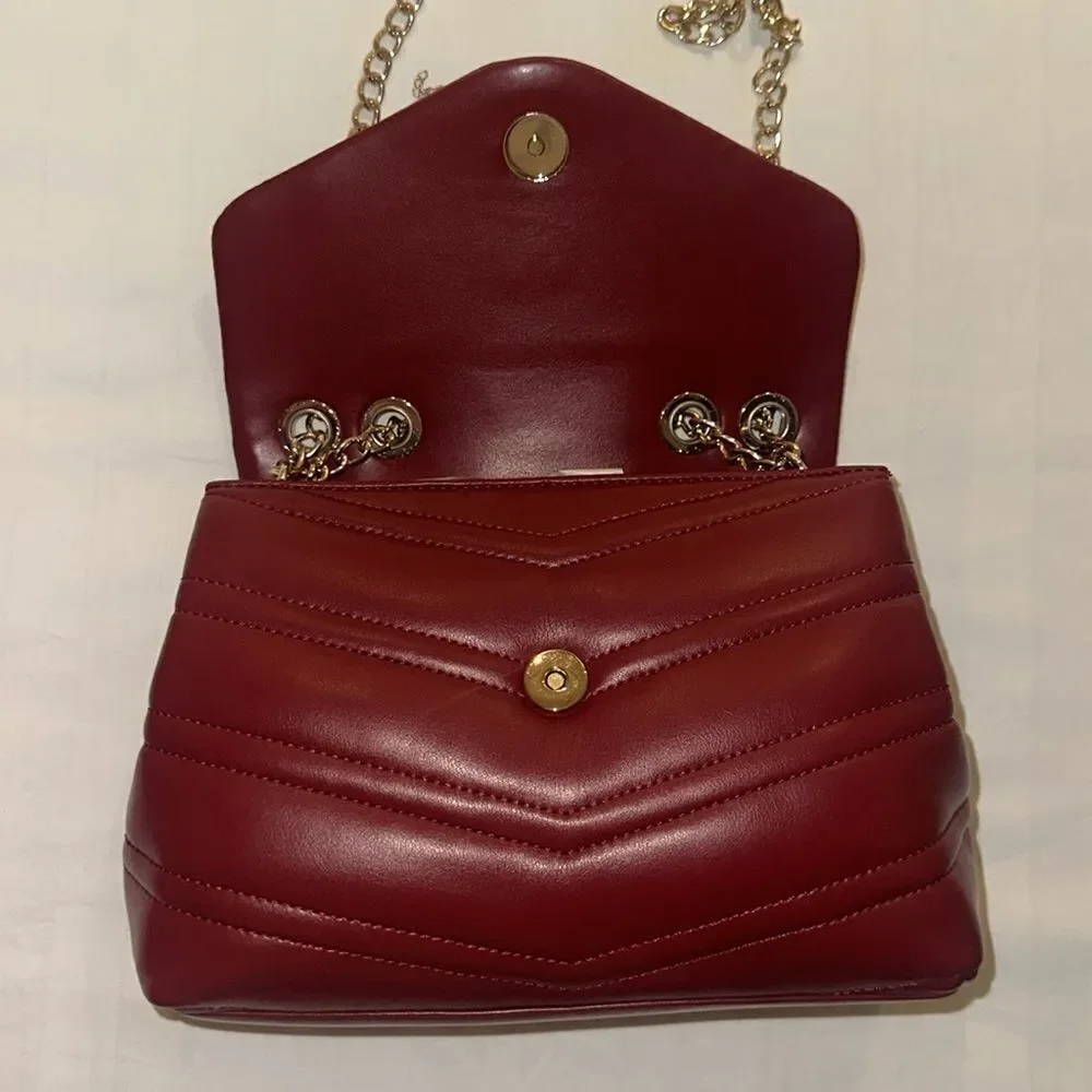 Mario Valentino Cherry Red Gold Tone Privilege Flap Chain Strap Purse